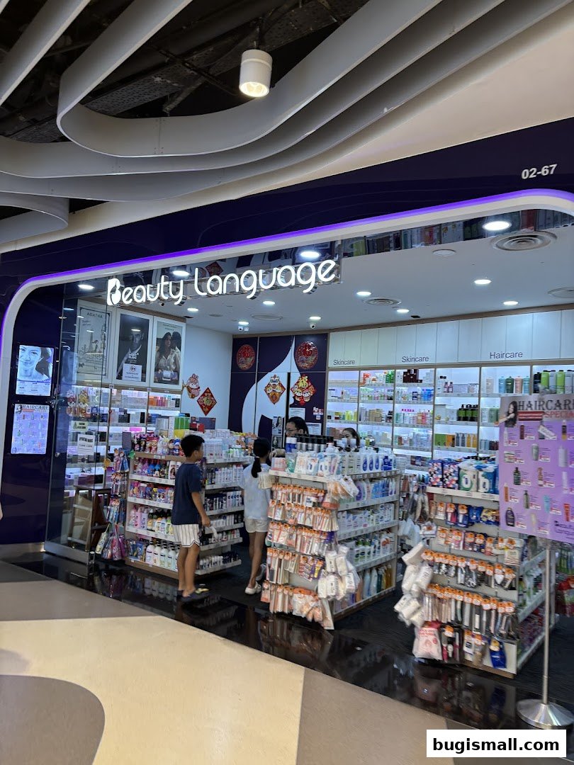 A well-lit beauty store with shelves stocked with skincare and haircare products.