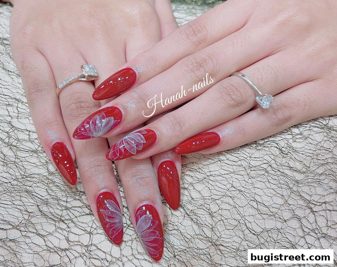 Elegant Red Nails with Floral Art by Hanah Nails