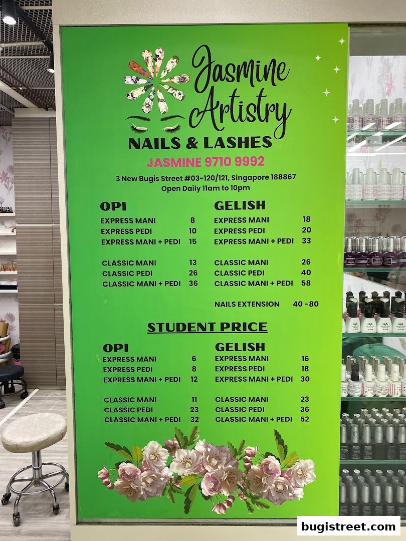 A price list for Jasmine Artistry Nails and Lashes, featuring OPI and Gelish services.