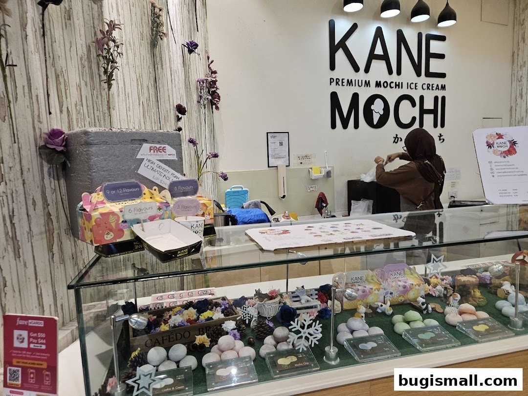 A display of Kane Mochi premium ice cream with various flavors and packaging.