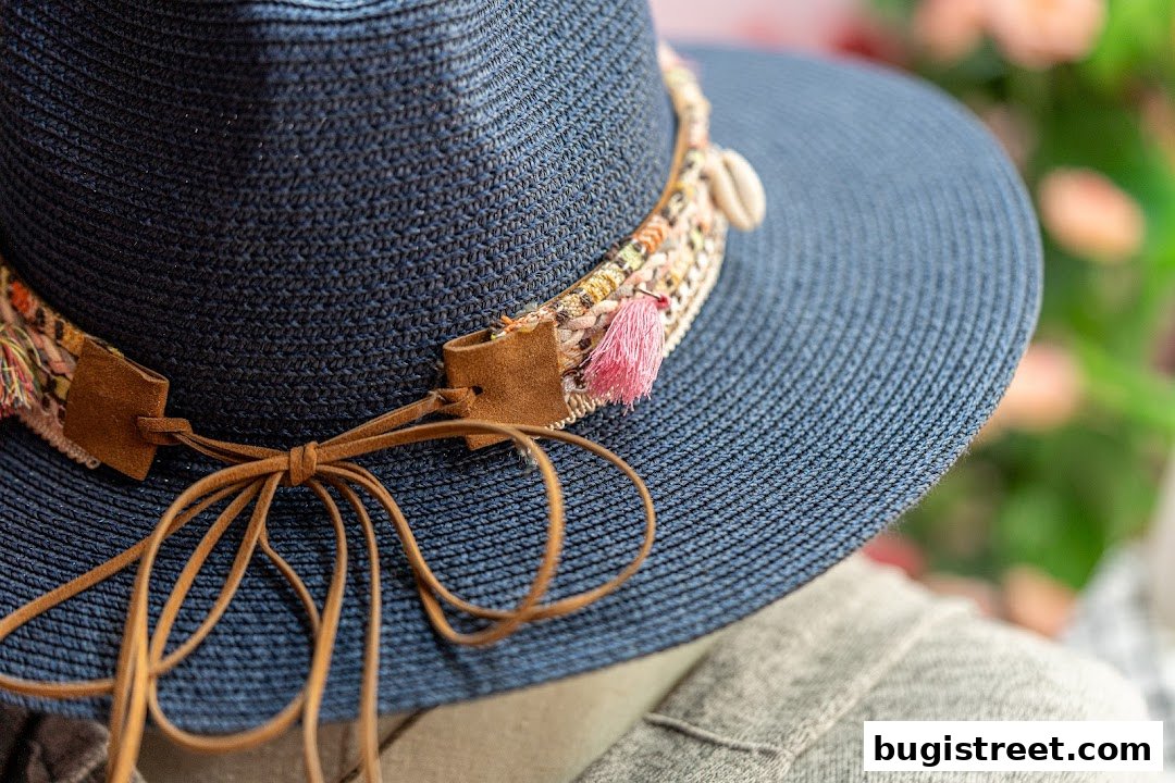 Chic Blue Straw Hat with Bohemian Embellishments