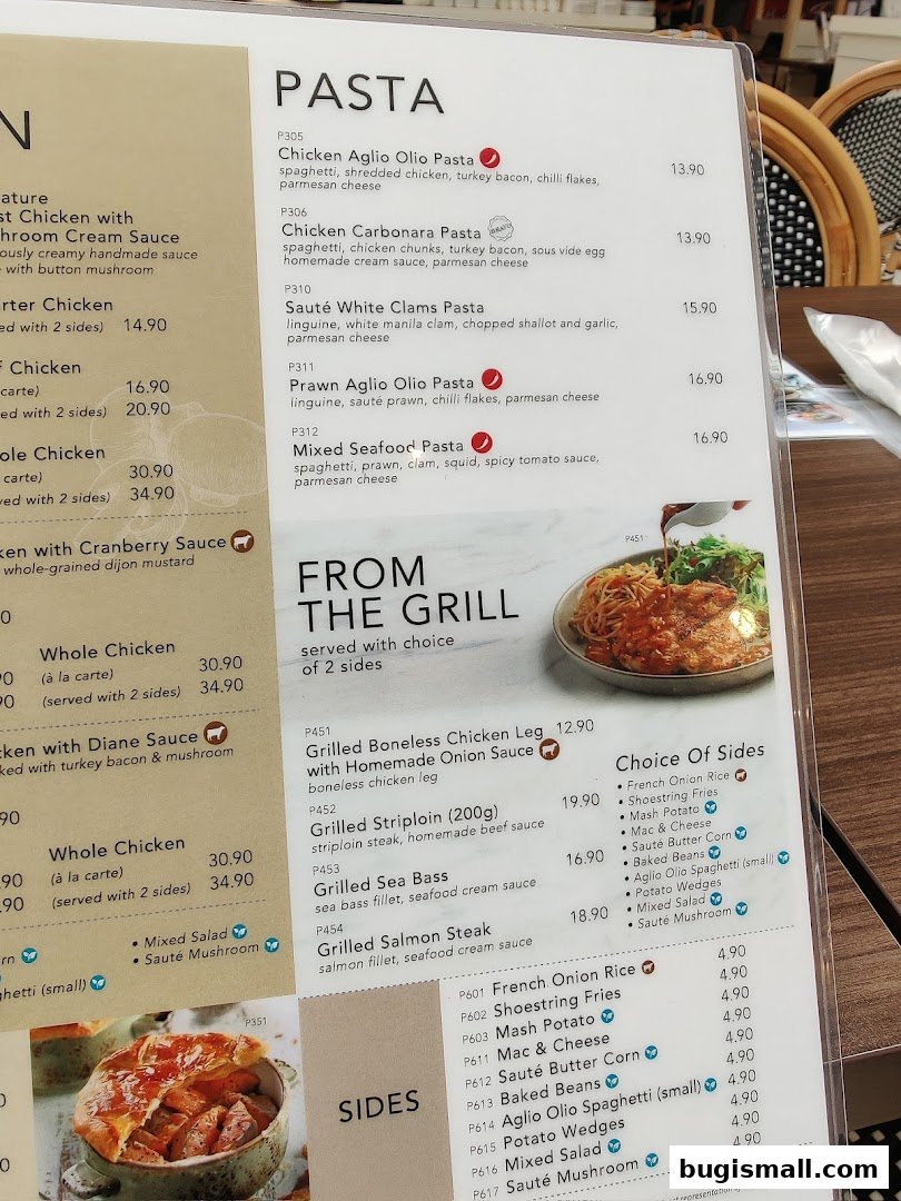 Poulet Bugis Menu: Pasta, Grill & Sides
