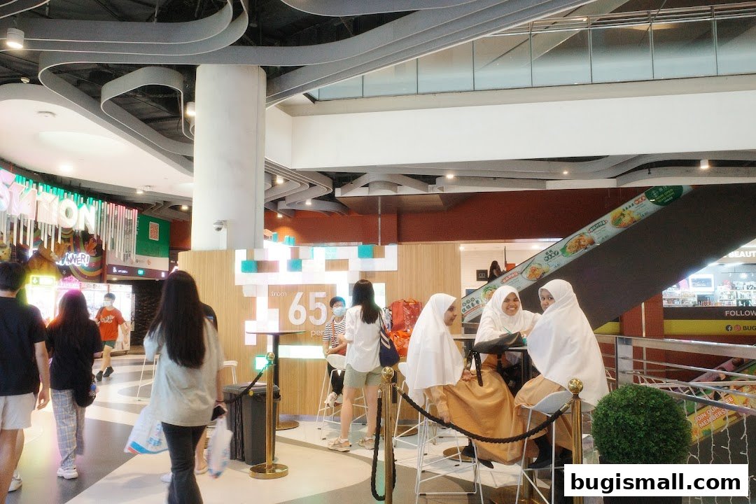 Vibrant Mall Scene with Shoppers and Modern Design